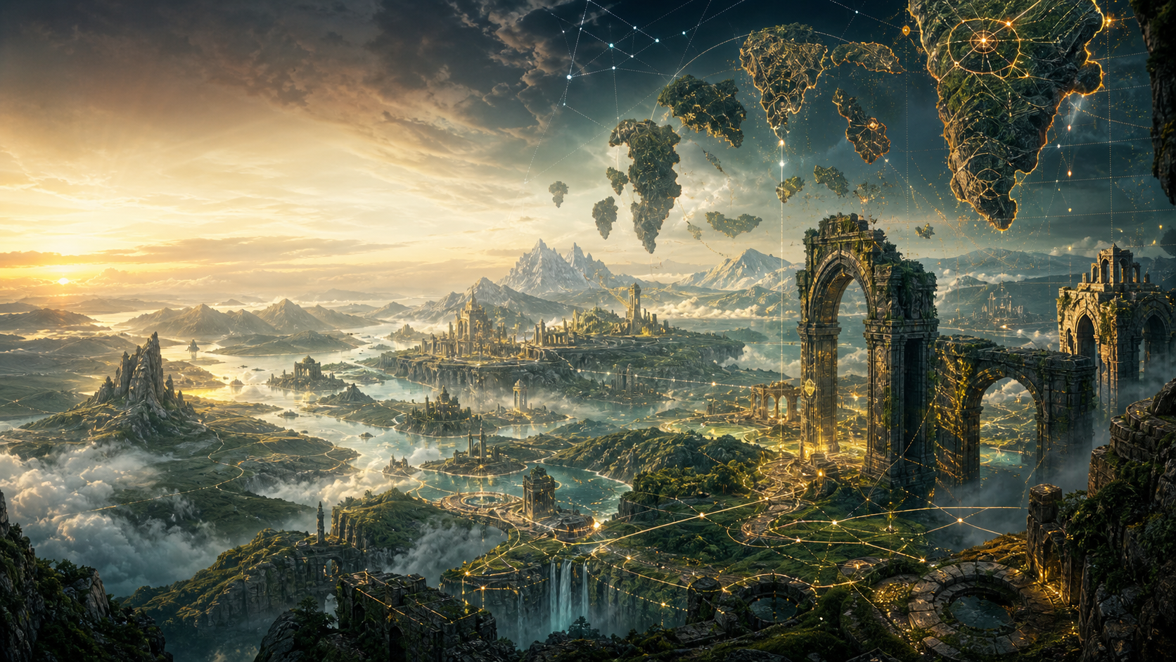 A luminous mythic landscape with floating maps and constellation-like light paths